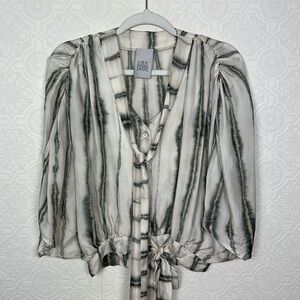 Lotus Eaters Blouse Flowy Green Off White Silky Top Shirt Button down tie neck